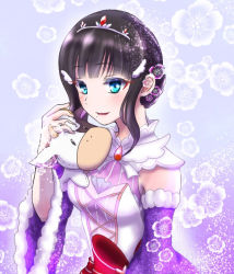 Rule 34 | 1girl, alternate hairstyle, aqua eyes, artist name, artist request, bare shoulders, black hair, blush, bow, breasts, collarbone, cross-laced clothes, cross-laced dress, dress, dress bow, female focus, frilled dress, frills, fur-trimmed sleeves, fur trim, green eyes, hair ornament, holding, holding stuffed animal, kurosawa dia, long hair, looking at viewer, love live!, love live! school idol festival, love live! sunshine!!, mole, mole under mouth, parted lips, red bow, shiori (pixiv12919419), smile, solo, striped bow, striped clothes, striped dress, stuffed animal, stuffed cow, stuffed toy, tiara, two side up, upper body, vertical-striped clothes, vertical-striped dress, white dress, wing hair ornament
