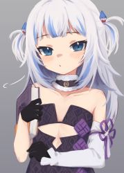 Rule 34 | 1girl, absurdres, bare shoulders, black dress, black gloves, blue eyes, blue hair, blush, book, closed mouth, collarbone, commentary, cosplay, detached sleeves, dress, flat chest, flower knot, fur collar, gawr gura, gloves, grey background, highres, holding, holding book, hololive, hololive english, klaius, long hair, looking at viewer, multicolored hair, ninomae ina&#039;nis, ninomae ina&#039;nis (1st costume), ninomae ina&#039;nis (cosplay), print dress, sidelocks, silver hair, simple background, single detached sleeve, solo, strapless, strapless dress, streaked hair, tsurime, two side up, upper body, virtual youtuber