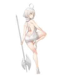 Rule 34 | 1girl, ahoge, ass, axe, back, backless outfit, bare arms, bare back, bare legs, bare shoulders, battle axe, butt crack, closed mouth, commission, dress, expressionless, from behind, grey eyes, hand on own knee, high heels, highres, holding, holding axe, keibeam, leg up, legs, looking at viewer, looking back, median furrow, meme attire, no bra, original, ribbed sweater, short hair, sleeveless, sleeveless sweater, sleeveless turtleneck, solo, standing, standing on one leg, sweater, sweater dress, thighs, turtleneck, virgin killer sweater, weapon, white footwear, white hair
