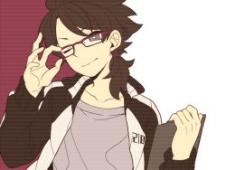 Rule 34 | 10s, 1boy, aged up, bespectacled, brown hair, clipboard, collarbone, fudou akio, glasses, inazuma eleven (series), inazuma eleven go, inazuma eleven go galaxy, jacket, long hair, looking at viewer, male focus, one eye closed, open clothes, open jacket, saku anna, simple background, solo, white background, wink