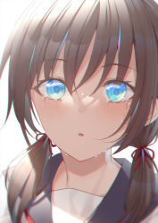 Rule 34 | 1girl, alexmaster, backlighting, black hair, black sailor collar, blue eyes, blush, chromatic aberration, commentary request, crying, crying with eyes open, hair between eyes, hair ribbon, highres, long hair, looking at viewer, low twintails, original, parted lips, red ribbon, ribbon, sailor collar, school uniform, serafuku, shirt, simple background, solo, tears, twintails, upper body, white background, white shirt