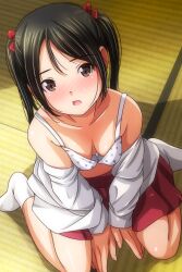 Rule 34 | 1girl, black hair, blush, bra, breasts, brown eyes, cleavage, collarbone, from above, hair ribbon, long hair, long sleeves, looking at viewer, matsunaga kouyou, off shoulder, open clothes, open mouth, open shirt, polka dot, polka dot bra, red ribbon, red skirt, ribbon, school uniform, shirt, sitting, skirt, small breasts, socks, twintails, underwear, white bra, white shirt, white socks