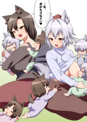 3boys 5girls :d alternate_hairstyle animal_ear_fluff animal_ears breastfeeding breasts brown_eyes brown_hair brown_skirt brown_sweater closed_eyes family fang full_body hat highres imaizumi_kagerou inubashiri_momiji jeno large_breasts long_skirt long_sleeves looking_at_viewer mother_and_daughter mother_and_son multiple_boys multiple_girls onesie open_mouth pajamas red_eyes red_skirt short_hair skirt smile soles sweater tail tokin_hat touhou triplets white_hair white_sweater wolf_boy wolf_ears wolf_girl wolf_tail