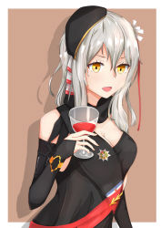 Rule 34 | 1girl, absurdres, beret, black dress, breasts, brown background, cleavage, cup, dress, drinking glass, girls&#039; frontline, hair ribbon, hat, highres, huge filesize, long hair, looking at viewer, medium breasts, muteppona hito, official alternate costume, open mouth, ribbon, scarf, smile, solo, solo focus, tape, white hair, wine glass, yellow eyes, zas m76 (dancer of the night) (girls&#039; frontline), zas m76 (girls&#039; frontline)