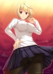 Rule 34 | 00s, 1girl, arcueid brunestud, black pantyhose, blonde hair, blush, breasts, cloud, dated, female focus, gradient background, hand on own hip, huge breasts, impossible clothes, impossible sweater, large breasts, lips, long sleeves, looking at viewer, miniskirt, miyai sen, panties, panties under pantyhose, pantyhose, purple skirt, red eyes, shiny clothes, short hair, skirt, smile, solo, sunset, sweater, tsukihime, tsukihime (remake), underwear, v