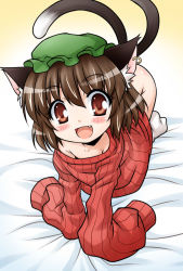 Rule 34 | 1girl, akou roushi, all fours, animal ears, blush, bottomless, brown hair, cat ears, cat girl, cat tail, chen, earrings, fang, female focus, jewelry, multiple tails, naked sweater, nekomata, no pants, oversized clothes, red eyes, ribbed sweater, short hair, single earring, sleeves past wrists, smile, solo, sweater, tail, touhou, white legwear