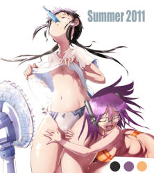 Rule 34 | 10s, 2011, 2girls, bent over, between legs, bikini, black hair, breasts, clothes lift, den (zeroshiki), english text, closed eyes, female focus, food, glasses, hand fan, headgear, hot, hugging own legs, large breasts, hugging another&#039;s leg, long hair, mouth hold, multiple girls, open mouth, panties, popsicle, purple hair, shirt lift, side-tie panties, simple background, small breasts, smile, summer, sweat, swimsuit, thighs, underwear, yuri