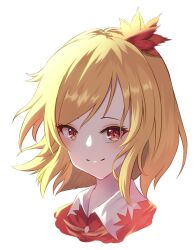 Rule 34 | 1girl, aki shizuha, blonde hair, closed mouth, commentary, fall (5754478), hair ornament, leaf hair ornament, looking at viewer, portrait, red eyes, short hair, simple background, smile, solo, touhou, white background