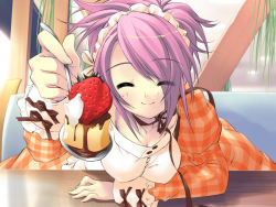 Rule 34 | 1girl, akizuki nagi, blush, breasts, cake, chocolate, cleavage, closed eyes, feeding, food, fruit, incoming food, ito noizi, jpeg artifacts, large breasts, maid, pastry, peace@pieces, pink hair, smile, solo, spoon, strawberry, waitress