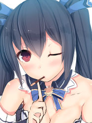 Rule 34 | 1girl, absurdres, bare shoulders, black hair, blue ribbon, blush, breasts, cleavage, close-up, daiaru, detached collar, detached sleeves, food, food in mouth, hair ribbon, highres, looking at viewer, neptune (series), noire (neptunia), one eye closed, pocky, red eyes, ribbon, solo, twintails