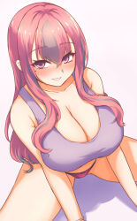 Rule 34 | 1girl, absurdres, azur lane, blush, breasts, bremerton (azur lane), bremerton (relaxation consultation) (azur lane), cleavage, commentary request, hair between eyes, hazuki tsubatsuna, highres, huge breasts, large breasts, looking at viewer, multicolored hair, panties, purple eyes, purple hair, purple panties, sitting, smile, solo, sports bra, two-tone hair, underwear