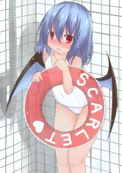 Rule 34 | 1girl, bad id, bad pixiv id, bat wings, blue hair, blush, innertube, nyt (nagane), one-piece swimsuit, open mouth, red eyes, remilia scarlet, school swimsuit, see-through, short hair, showering, solo, swim ring, swimsuit, touhou, wet, white one-piece swimsuit, white school swimsuit, wings