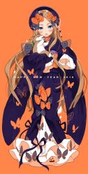 Rule 34 | 1girl, 2018, abigail williams (fate), animal, beret, black bow, black hat, blue eyes, blush, bow, brown hair, butterfly ornament, chinese zodiac, commentary, dog, dress, english text, fate/grand order, fate (series), full body, hair bow, hair ornament, hairclip, happy new year, hat, hat bow, highres, holding, holding animal, hoshii hisa, long dress, long hair, long sleeves, looking at viewer, multiple hair bows, new year, obi, open mouth, orange background, orange bow, orange theme, sandals, sash, sleeves past fingers, sleeves past wrists, smile, solo, standing, very long hair, wide sleeves, year of the dog