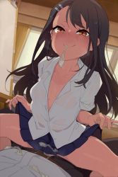 Rule 34 | 1boy, 1girl, black hair, blush, breasts, brown eyes, clothed sex, condom, cowgirl position, dark-skinned female, dark skin, earclip, girl on top, hair ornament, hairclip, hetero, highres, ijiranaide nagatoro-san, implied sex, kakure eria, long hair, looking at viewer, mouth hold, nagatoro hayase, no bra, penis, pleated skirt, revision, sex, skirt, skirt hold, smile, spread legs, squatting cowgirl position, straddling, tan, used condom