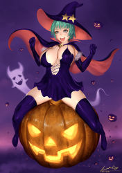 Rule 34 | 1girl, ariverkao, blue eyes, breasts, cleavage, cloak, dress, elbow gloves, ghost, gloves, green hair, hat, jack-o&#039;-lantern, large breasts, open mouth, original, short hair, signature, sitting, solo, thighhighs, witch, witch hat