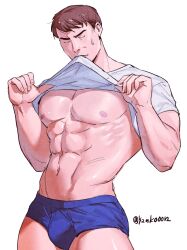 Rule 34 | 1boy, 42nkooon, abs, bara, bare pectorals, blue male underwear, brown hair, bulge, closed eyes, closed mouth, clothes lift, garen (league of legends), large pectorals, league of legends, male focus, male underwear, muscular, muscular male, navel, nipples, pectorals, shirt, shirt lift, short hair, simple background, solo, twitter username, underwear, white shirt