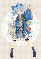 Rule 34 | 1girl, alternate costume, argyle, argyle background, argyle clothes, arm up, bike shorts, black shorts, blue eyes, blue hair, boots, card, character doll, checkered clothes, checkered kimono, cirno, corrupted twitter file, daiyousei, fang, full body, fumo (doll), green eyes, green hair, highres, ice, ice wings, japanese clothes, kimono, legs apart, long sleeves, looking at viewer, nikorashi-ka, open mouth, shirt, shorts, simple background, solo, standing, tiles, touhou, v-shaped eyebrows, wide sleeves, wings