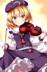 Rule 34 | 1girl, beret, blonde hair, blush, bow (music), closed mouth, commentary request, cowboy shot, crescent, dot nose, eyes visible through hair, frilled shirt collar, frilled skirt, frills, hat, highres, holding, holding bow (music), holding instrument, holding violin, instrument, long sleeves, lunasa prismriver, purple hat, purple skirt, purple vest, ruu (tksymkw), shirt, short hair, skirt, skirt hold, skirt set, smile, solo, split mouth, standing, touhou, vest, violin, white shirt, yellow background, yellow eyes
