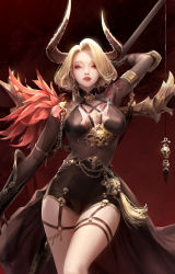 Rule 34 | 1girl, absurdres, arm up, blonde hair, breasts, breasts apart, cowboy shot, demon girl, demon horns, earrings, garter straps, highres, holding, horns, jewelry, large breasts, lizchief, looking at viewer, medium hair, nose, original, parted lips, polearm behind back, red background, red eyes, red lips, single earring, skull, solo, standing