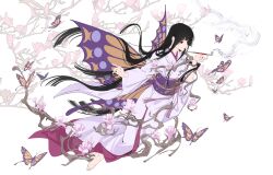 1girl absurdres barefoot black_hair blunt_ends branch bug butterfly butterfly_wings chinese_commentary commentary floral_background flower flying full_body highres hime_cut holding holding_smoking_pipe ichihara_yuuko insect insect_wings japanese_clothes kimono long_hair low_wings obi obijime parted_lips pink_flower pink_kimono plantar_flexion purple_sash red_eyes sash smoke smoke_trail smoking smoking_pipe solo very_long_hair white_background wide_sleeves wings xxxholic yellow_butterfly yuefanfan