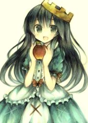 Rule 34 | 1girl, :d, apple, bad id, bad pixiv id, black eyes, black hair, crown, food, fruit, highres, holding, long hair, maerchen (sound horizon), namakuby, open mouth, schneewittchen, simple background, smile, solo, sound horizon, traditional media