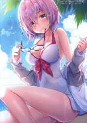 Rule 34 | 1girl, absurdres, adapted costume, bare shoulders, beach, bikini, black-framed eyewear, blue sky, bow, bow swimsuit, breasts, cleavage, collarbone, covered navel, day, dress swimsuit, eyes visible through hair, unworn eyewear, fate/grand order, fate (series), glasses, grey jacket, hair over one eye, highres, holding, holding removed eyewear, jacket, large breasts, light purple hair, long sleeves, looking at viewer, mash kyrielight, mash kyrielight (swimsuit of perpetual summer), masuishi kinoto, official alternate costume, outdoors, palm tree, pink bow, purple eyes, scan, short hair, sitting, sky, smile, solo, swimsuit, translation request, tree, white bikini