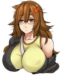 Rule 34 | 10s, 1girl, bare shoulders, between breasts, bow, breasts, brown hair, exaxuxer, eyebrows, fate/extra, fate/extra ccc, fate (series), glasses, hair bow, huge breasts, jinako carigiri, large breasts, long hair, simple background, solo, strap, strap between breasts, sweater, upper body, white background