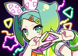 Rule 34 | 1girl, blue background, blue hair, blush, closed mouth, commentary, glowing, gradient hair, green eyes, green hair, green jacket, hair ornament, hairband, hairclip, hands up, highres, idol time pripara, jacket, koyoshi yoko, looking at viewer, multicolored hair, nijiiro nino, outline, pretty series, pripara, short hair, smile, solo, symbol-only commentary, triangle hair ornament, triangle hands, triangle print, upper body, white hairband, white outline, wristband