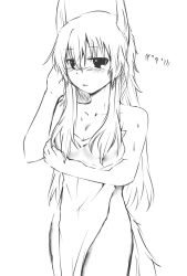 Rule 34 | 1girl, ^ ^, ^q^, bad id, bad pixiv id, covering privates, ex-keine, female focus, greyscale, kamishirasawa keine, lineart, long hair, monochrome, naked towel, nude, nude cover, rebecca (keinelove), solo, touhou, towel