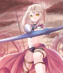 Rule 34 | 1girl, aiming, aiming at viewer, aoi usagi (marinebluerabbit), archer (fate), archer (fate) (cosplay), arrow (projectile), black pants, bow (weapon), caladbolg (fate), cosplay, crop top, fate/kaleid liner prisma illya, fate (series), floating hair, groin, hair between eyes, holding, holding bow (weapon), holding weapon, illyasviel von einzbern, long hair, looking at viewer, midriff, navel, outdoors, pants, silver hair, solo, unlimited blade works (fate), weapon, yellow eyes