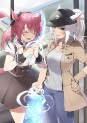 Rule 34 | 2girls, baseball cap, blush, breasts, cat tail, cleavage, closed eyes, facial mark, final fantasy, final fantasy xiv, fingerless gloves, frying pan, gloves, green eyes, hand saw, hat, highres, jacket, long hair, medium breasts, miqo&#039;te, multiple girls, open clothes, open jacket, open mouth, plunging neckline, ponytail, red hair, saw, second-party source, tail, warrior of light (ff14), whisker markings, white hair, wrist cuffs, yana mori