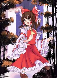 Rule 34 | &gt;:o, 1girl, :o, agies, ascot, bow, brown hair, detached sleeves, frilled skirt, frilled sleeves, frills, hair bow, hakurei reimu, highres, nature, nontraditional miko, ponytail, skirt, touhou, v-shaped eyebrows, vest, wide sleeves
