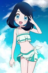 Rule 34 | 1girl, aqua eyes, arm at side, bikini, bikini skirt, black hair, blue hair, child, clenched hand, cloud, cloudy sky, collarbone, colored inner hair, cowlick, creatures (company), day, eyelashes, female focus, flat chest, game freak, green bikini, hand up, happy, highres, leaning to the side, legs, legs together, liko (pokemon), looking at viewer, medium hair, melili (artist), midriff, multicolored hair, navel, neck, nintendo, official alternate costume, open mouth, outdoors, pokemon, pokemon (anime), pokemon horizons, shiny skin, sidelocks, sky, smile, standing, summer, sunlight, swept bangs, swimsuit, thighs, two-tone hair, v