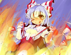 Rule 34 | 1girl, bow, fire, fujiwara no mokou, hair bow, hair ribbon, highres, juliet sleeves, licking lips, long hair, long sleeves, one eye closed, open fly, pants, puffy sleeves, red eyes, ribbon, shinapuu, shirt, silver hair, sitting, smile, solo, suspenders, suspenders pull, tongue, tongue out, touhou, tress ribbon, undressing, unzipped, very long hair, wink
