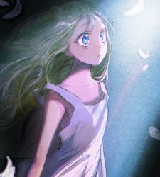 Rule 34 | 10s, 1girl, blonde hair, blue eyes, collarbone, crying, crying with eyes open, dress, feathers, floating hair, long hair, parted lips, rachel gardner, satsuriku no tenshi, sleeveless, sleeveless dress, solo, tears, unren (zpshs72), upper body, very long hair, white dress, white feathers