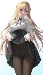 Rule 34 | 1girl, atelier (series), atelier ryza, atelier ryza 1, bare shoulders, black pantyhose, black skirt, blue ribbon, braid, breasts, closed mouth, clothes lift, covered erect nipples, detached collar, detached sleeves, elbow gloves, french braid, gloves, green eyes, green skirt, hairband, high-waist skirt, highres, jeneral, klaudia valentz, lifting own clothes, long hair, looking at viewer, medium breasts, mixed-language commentary, neck ribbon, panties, panties under pantyhose, pantyhose, partially fingerless gloves, pussy juice, ribbon, side braid, simple background, skirt, skirt lift, solo, two-tone skirt, underwear, white gloves, white sleeves