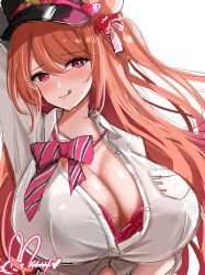 Rule 34 | 1girl, absurdres, arms behind head, azur lane, black hat, blush, bra, bra visible through clothes, breasts, cleavage, collared shirt, hair between eyes, hat, highres, hisin, huge breasts, lace, lace-trimmed bra, lace trim, licking lips, long hair, looking at viewer, mole, mole under eye, nachi (azur lane), nachi (retrofit) (azur lane), orange hair, partially unbuttoned, peaked cap, pink bra, pink eyes, shirt, signature, simple background, sketch, solo, swept bangs, tongue, tongue out, underwear, upper body, white background, white shirt