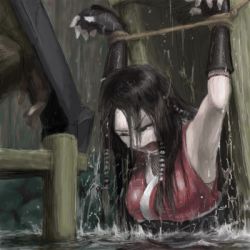 Rule 34 | 1girl, acquire, bdsm, bearclaw, black hair, bondage, bound, elbow gloves, closed eyes, fishnets, game over, gloves, long hair, lowres, ninja, open mouth, peril, prisoner, screaming, shinobido, tears, torture, water, water wheel, wet