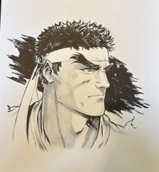 Rule 34 | black hair, commentary, dougi, hatching (texture), headband, highres, iban coello, karate gi, linear hatching, male focus, monochrome, ryu (street fighter), serious, short hair, simple background, sketch, street fighter, thick eyebrows