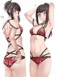 1girl absurdres arm_behind_head armpits bikini black_hair breasts chaso_(480) cowboy_shot floral_print green_eyes highres kurosawa_dia kurosawa_dia_(dengeki_g&#039;s_poster_swimsuit) love_live! love_live!_sunshine!! mole mole_under_mouth multi-strapped_bikini_bottom multi-strapped_bikini_top multiple_views ponytail red_bikini sidelocks simple_background small_breasts solo standing swimsuit white_background