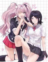 Rule 34 | 2girls, bear hair ornament, black footwear, black gloves, black hair, black shirt, black skirt, blush, bow, bowtie, breasts, choker, cleavage, closed mouth, collarbone, collared shirt, danganronpa: trigger happy havoc, danganronpa (series), danganronpa 3 (anime), ears, enoshima junko, fingernails, fingers together, gloves, grey eyes, grid, grid background, hair ornament, hands up, highres, ikusaba mukuro, looking at viewer, medium breasts, multiple girls, nail polish, neck ribbon, one eye closed, open mouth, pink hair, pleated skirt, red bow, red nails, red ribbon, red skirt, ribbon, shirt, short sleeves, siblings, simple background, sisters, skirt, small breasts, tongue, twins, twintails, white background, white shirt
