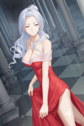 1girl armpit_crease bead_necklace beads blue_eyes breasts checkered_floor closed_mouth commentary dress fairy_tail grey_hair half-closed_eyes highres indoors jewelry large_breasts long_hair mirajane_strauss miura-n315 necklace red_dress smile solo standing strapless strapless_dress wavy_hair