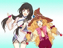 Rule 34 | 2girls, beryl benito, black hair, blonde hair, breasts, freckles, frills, grey eyes, hat, kohaku hearts, long hair, low-tied long hair, multiple girls, open mouth, overalls, purple eyes, ribbon, tales of (series), tales of hearts, wide sleeves, witch hat