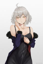 Rule 34 | 1girl, absurdres, ahoge, black dress, breasts, cleavage, closed mouth, clothes down, coat, collarbone, dress, fate/grand order, fate (series), fur-trimmed sleeves, fur trim, grey background, hair between eyes, highres, jeanne d&#039;arc (fate), jeanne d&#039;arc alter (fate), jeanne d&#039;arc alter (ver. shinjuku 1999) (fate), long hair, long sleeves, looking at viewer, medium breasts, official alternate costume, open clothes, open coat, silver hair, simple background, sleeveless, sleeveless dress, solo, standing, uthspsk, yellow eyes, zipper