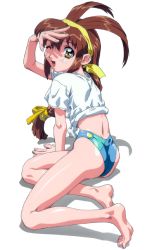 Rule 34 | 1girl, ass, barefoot, battle athletes, brown hair, feet, full body, hairband, hand over face, kanzaki akari, long hair, looking at viewer, low-tied long hair, official art, one eye closed, rolled, shiny skin, shirt, short sleeves, simple background, soles, solo, t-shirt, toes, white background, yellow eyes