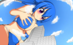 Rule 34 | 1girl, bikini, blue hair, breast hold, breasts, building, cloud, female focus, flustered, giant, giantess, growth, huge giantess, looking down, moralgear, sidetails, solo, swimsuit