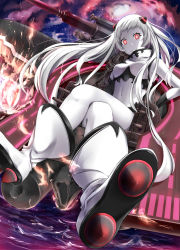 Rule 34 | 10s, 1girl, abyssal ship, airfield princess, ankle boots, ayakase hotaru, boots, breasts, colored skin, highres, horns, kantai collection, crossed legs, long hair, looking at viewer, machinery, medium breasts, red eyes, single horn, sitting, smile, solo, turret, white footwear, white hair, white skin