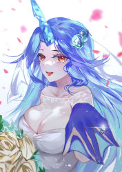 1girl, bare shoulders, blue hair, blue nails, breasts, character request, cleavage, collarbone, colored eyelashes, dress, flower, hair ornament, highres, horns, jewelry, large breasts, long hair, looking at viewer, nail polish, open mouth, petals, red eyes, ring, rose, shell hair ornament, single horn, smile, solo, tower of saviors, vardan, very long hair, webbed hands, wedding dress, white dress, white flower, white rose