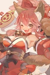 Rule 34 | 1girl, ;d, animal collar, animal ear fluff, animal ears, animal hands, armpits, bare shoulders, bell, bow, breasts, brown background, cleavage, collar, cowboy shot, detached sleeves, fang, fate/grand order, fate (series), food, fox ears, fox girl, fox tail, gloves, hair bow, hands up, highres, japanese clothes, jingle bell, kimono, large breasts, mimimikan, neck bell, obi, omelet, omurice, one eye closed, open mouth, paw gloves, pink hair, plate, red bow, red collar, red kimono, red sleeves, sash, short kimono, simple background, skin fang, sleeveless, sleeveless kimono, smile, solo, tail, tamamo (fate), tamamo cat (fate), tamamo cat (first ascension) (fate), yellow eyes