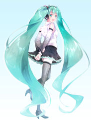 Rule 34 | 1girl, absurdly long hair, aqua hair, artist name, artist request, blouse, blue background, blue hair, from side, gradient background, grey thighhighs, hatsune miku, hatsune miku (nt), highres, layered sleeves, long hair, see-through, see-through sleeves, shirt, sleeveless, sleeveless shirt, solo, thighhighs, very long hair, vocaloid, white background, white shirt
